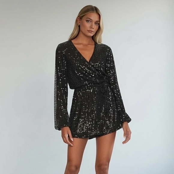 FREE PEOPLE Christa Black Sequin Wrap Romper Long Sleeve V-Neck Tie Waist XS
